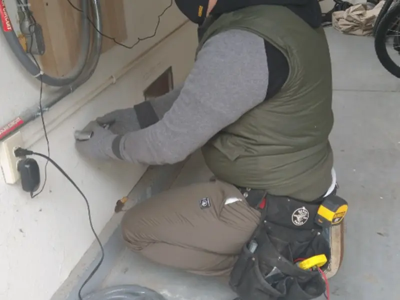 Electrician performing outlet wiring in a Sky Lake garage